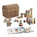 Wicker Basket With Wooden Abacus Elephant Stacking Rings Bowling Pins And Storybooks