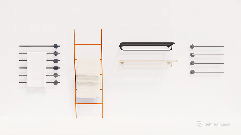Contemporary Bathroom Shelf Rack Featuring Wall Mounted Towel Bars Hooks And Ladder Shelf 3d model 
