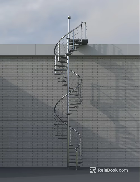 Modern Spiral Staircase With Metal Railings Against Brick Wall Exterior Architectural Design 3d model 