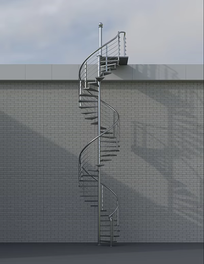 Modern Spiral Staircase With Metal Railings Against Brick Wall Exterior Architectural Design 3d model
