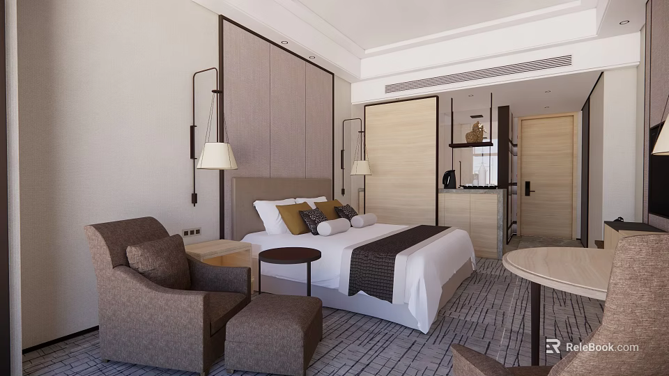 Modern Hotel Room Interior With Comfortable Bed Armchair Side Table And Stylish Lamps 3d model 