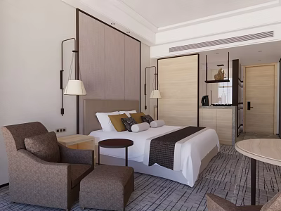 Modern Hotel Room Interior With Comfortable Bed Armchair Side Table And Stylish Lamps 3d model