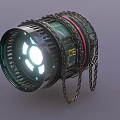 Cylindrical Industrial Equipment Suspended By Metal Chains With Illuminated Core And Ring Lights