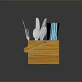 Functional Wooden Utensil Holder With Knives Spoons Forks And Blue Napkin