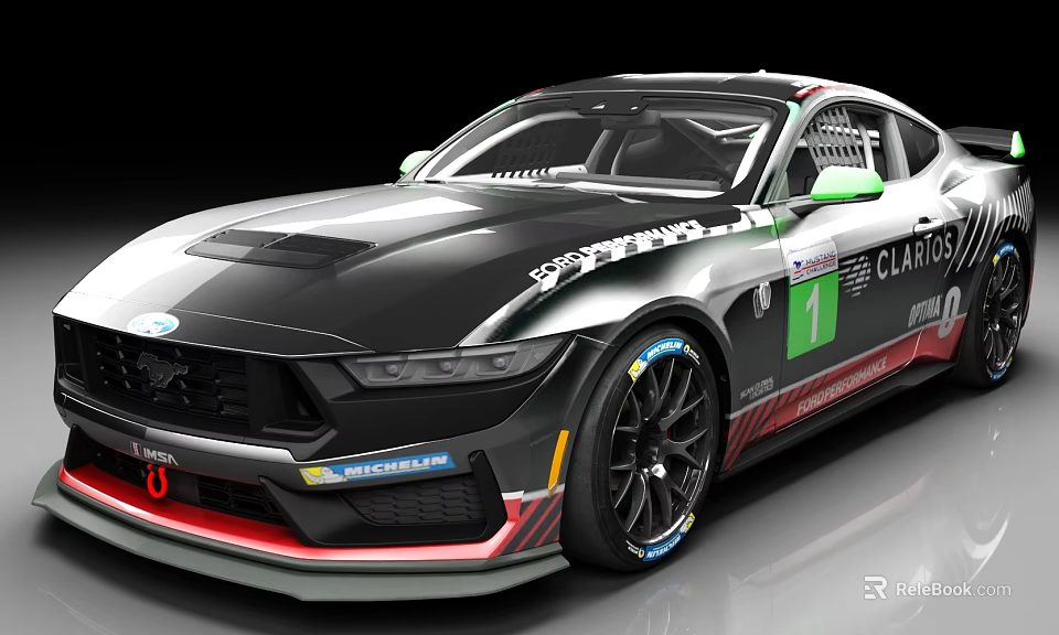Ford Mustang Race Car With Black Body Stripes Number 1 And Sponsor Logos 3d model 