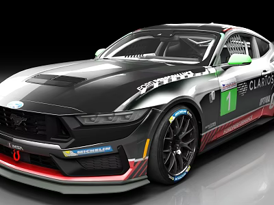 Ford Mustang Race Car With Black Body Stripes Number 1 And Sponsor Logos 3d model
