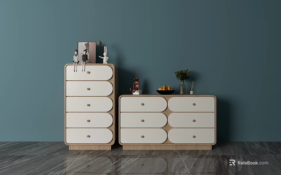 Modern White And Light Wood Dressers With Drawers And Decorative Plants On Blue Wall 3d model 