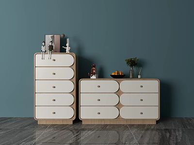 Modern White And Light Wood Dressers With Drawers And Decorative Plants On Blue Wall 3d model