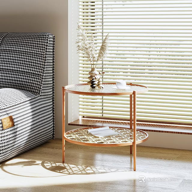 Copper Frame Side Table With Round Glass Top Openwork Lower Shelf Houndstooth Sofa Venetian Blinds 3d model 