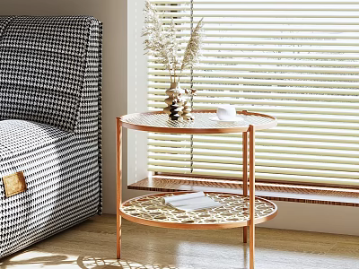 Copper Frame Side Table With Round Glass Top Openwork Lower Shelf Houndstooth Sofa Venetian Blinds 3d model