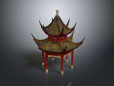 Traditional Chinese Multi Tiered Pavilion With Curved Eaves Red Pillars And Golden Decorations 3d model