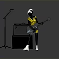Man In White Hat And Yellow Vest Playing Electric Guitar With Microphone Stand
