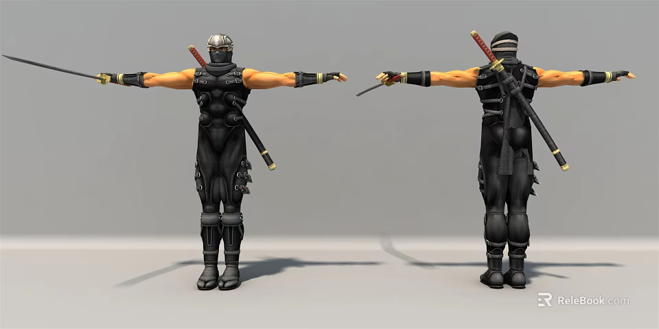 Game Movie Character Ninja Style Black Outfit With Katana Swords Front Back Views 3d model 