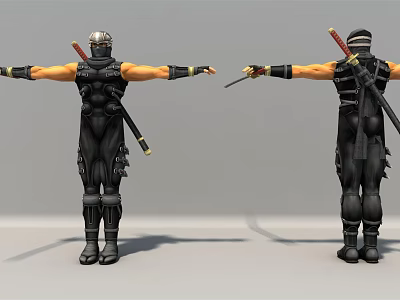 Game Movie Character Ninja Style Black Outfit With Katana Swords Front Back Views 3d model