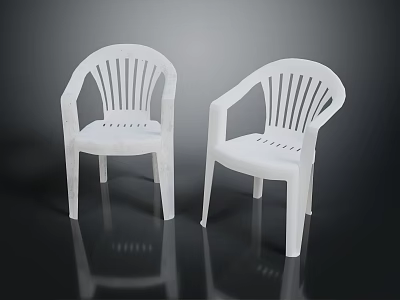 Two White Plastic Chairs With Armrests And Slatted Back Design 3d model