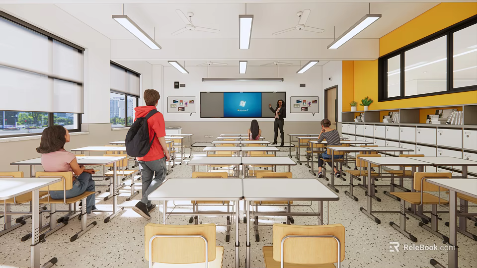 School Classroom With Students Teacher Desks Chairs Blue Screen Windows And Lockers 3d model 