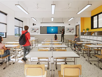School Classroom With Students Teacher Desks Chairs Blue Screen Windows And Lockers 3d model