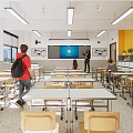 School Classroom With Students Teacher Desks Chairs Blue Screen Windows And Lockers
