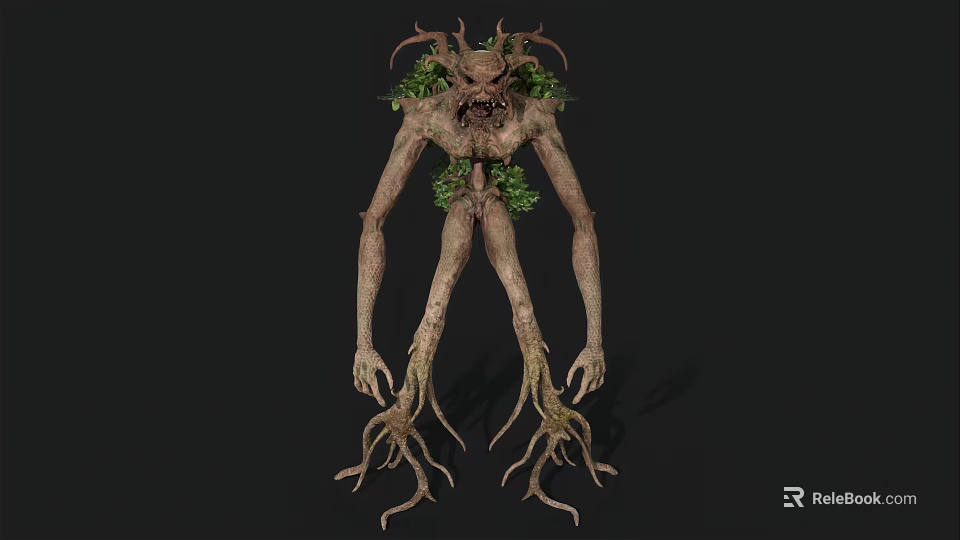 Tree Like Monster With Root Limbs Branch Antlers And Green Foliage 3d model 