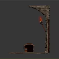 Brick Wall Structure Featuring Fireplace Arched Gate Wooden Door Bench And Rug