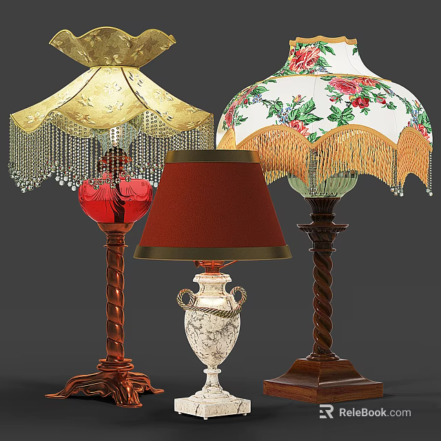 Classic Table Lamps Featuring Golden Fringed Red Fabric Floral Shades Red White Dark Twisted Bases 3d model 