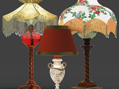 Classic Table Lamps Featuring Golden Fringed Red Fabric Floral Shades Red White Dark Twisted Bases 3d model
