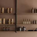 Elegant Wine Bottles And Glasses Displayed On Wooden Shelves Against Beige Wall