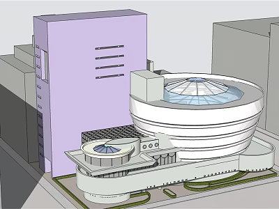 Modern Museum Building With Circular Structure And Glass Dome Surrounded By High Rise Buildings 3d model