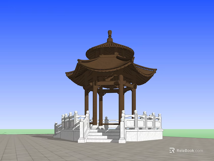Traditional Chinese Pavilion With Brown Roof White Railings Stone Base On Brick Ground 3d model 