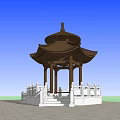Traditional Chinese Pavilion With Brown Roof White Railings Stone Base On Brick Ground