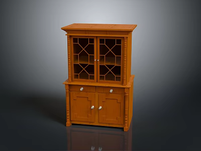 Traditional Wooden Storage Cabinet With Glass Lattice Doors Drawers And Metal Handles 3d model