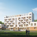 Modern Multi story Building Complex With Landscaped Courtyard Green Spaces And Rooftop Amenities