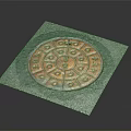 Square Metal Manhole Cover Featuring Intricate Circular Pattern And Traditional Symbols