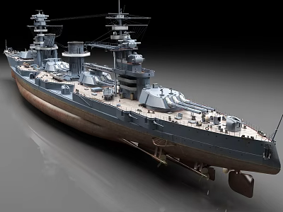 Vintage Battleship with Multiple Turrets Masts and Detailed Deck Structure in Model 3d model