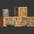 Natural Wood Boxes Stacked with Blue Hoop Barrels and Wooden Storage Containers
