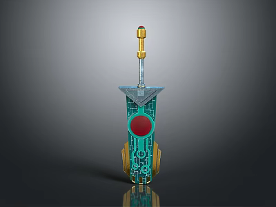 Futuristic Green And Gold Weapon With Red Circular Detail And Golden Tip Base Design 3d model