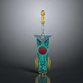 Futuristic Green And Gold Weapon With Red Circular Detail And Golden Tip Base Design