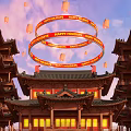 Traditional Chinese Pagoda Architecture With Floating Lanterns And Happy Holidays Decorations