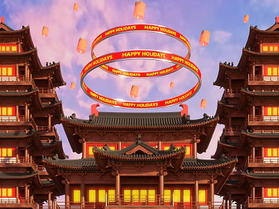 Traditional Chinese Pagoda Architecture With Floating Lanterns And Happy Holidays Decorations 3d model