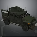 Green Armored Military Vehicle With Roof Mounted Equipment And Protective Grille