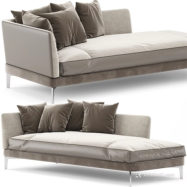 Modern Chaise Lounge With Light Gray Upholstery Brown Pillows And Silver Metal Legs 3d model 
