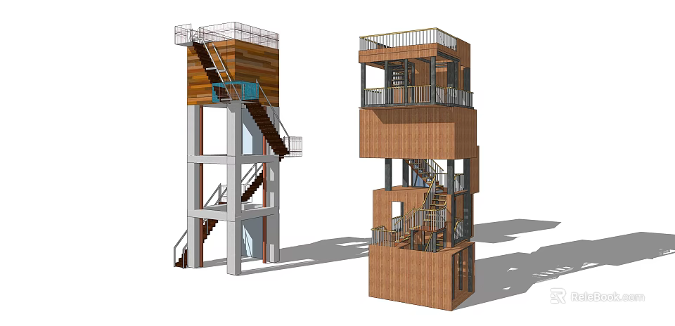 Modern Wooden Tower Design With Metal Staircase Balcony And Multi Level Structure 3d model 