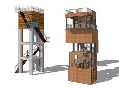 Modern Wooden Tower Design With Metal Staircase Balcony And Multi Level Structure 3d model