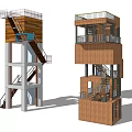 Modern Wooden Tower Design With Metal Staircase Balcony And Multi Level Structure