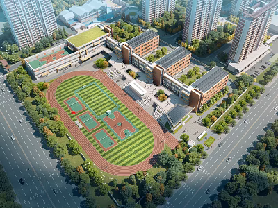 Modern School Building Complex With Track Field Area And Lush Green Surroundings 3d model