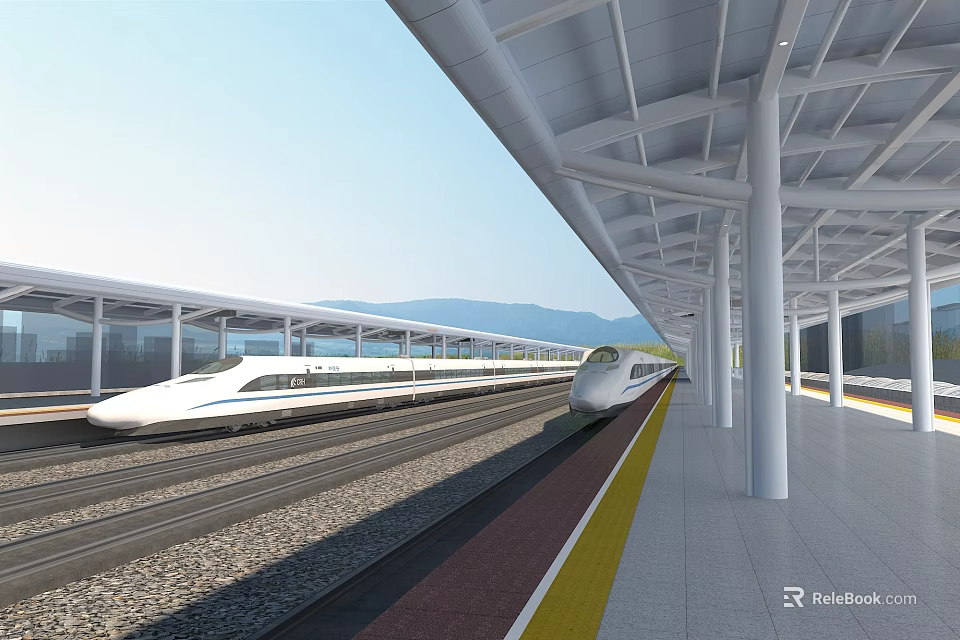 High Speed Train At Modern Railway Station Platform With Tracks Roof Structure And Mountains 3d model 