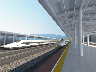 High Speed Train At Modern Railway Station Platform With Tracks Roof Structure And Mountains 3d model