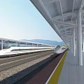 High Speed Train At Modern Railway Station Platform With Tracks Roof Structure And Mountains