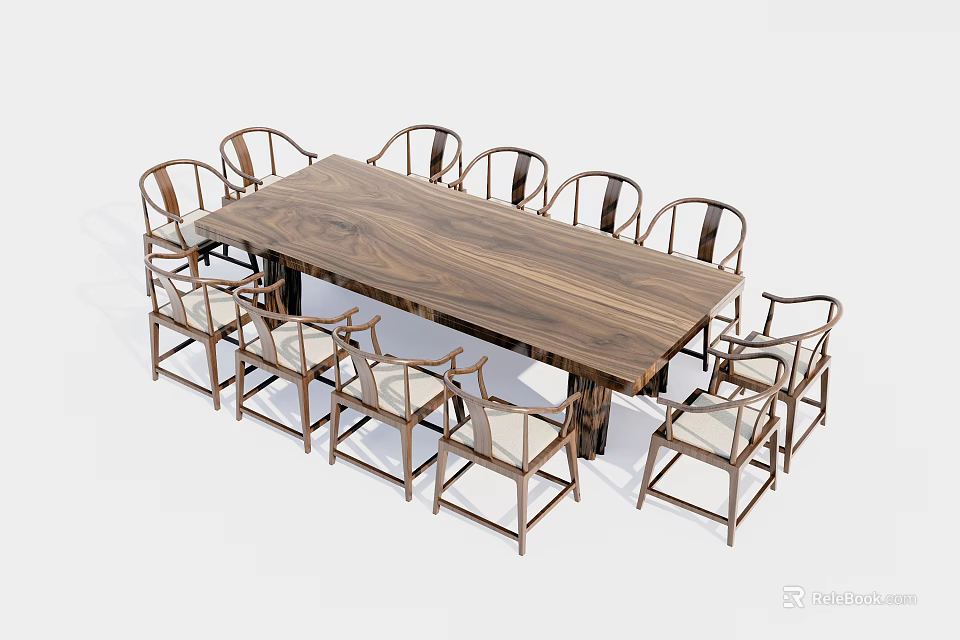 Modern Solid Wood Rectangular Dining Table Set With Multiple Upholstered Chairs 3d model 