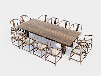Modern Solid Wood Rectangular Dining Table Set With Multiple Upholstered Chairs 3d model